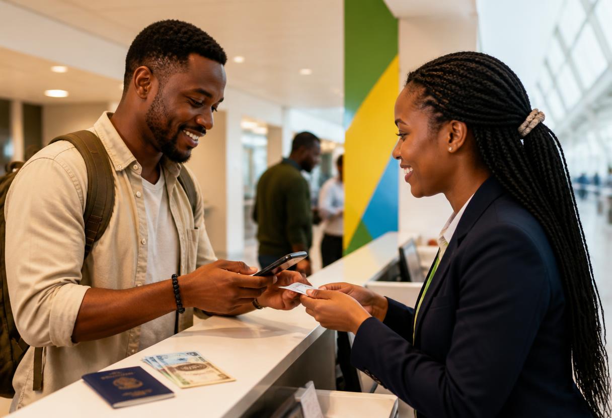A traveller registering a phone at a service counter in Rwanda