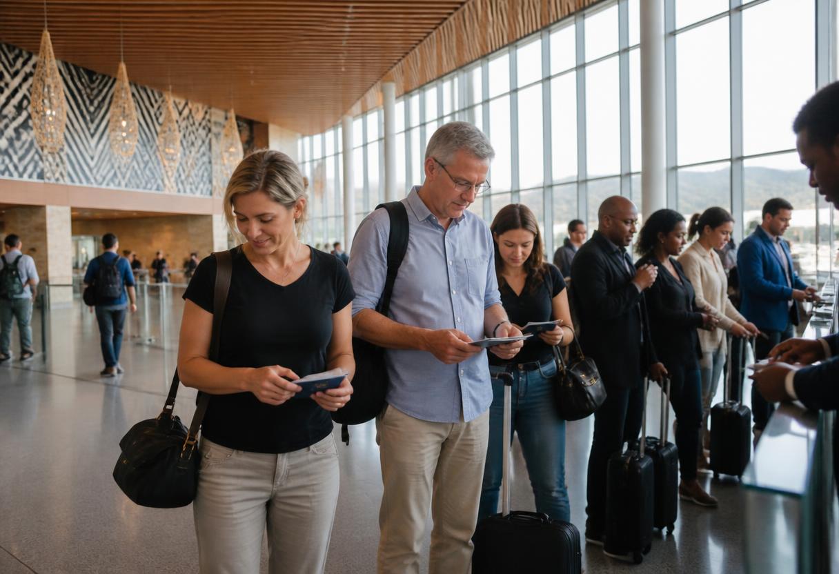 International travellers preparing documents in a bright airport arrivals hall