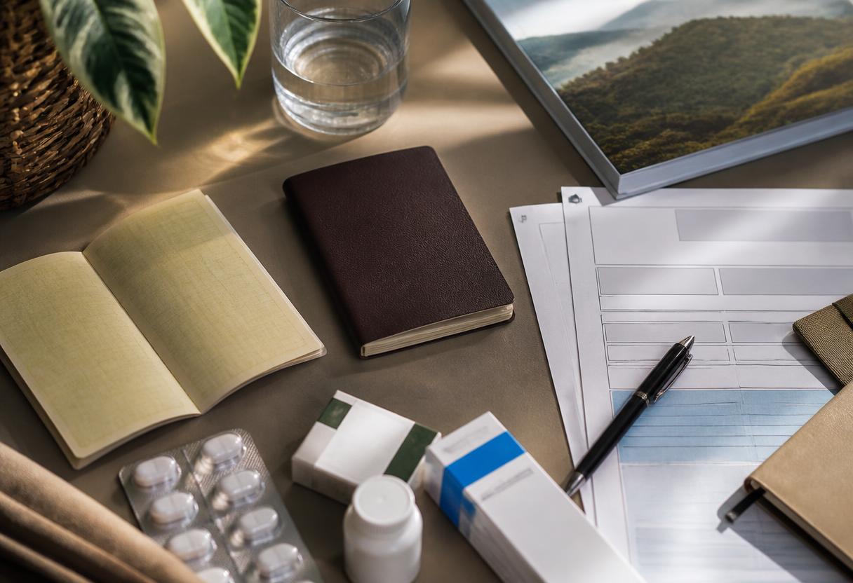 Passport, health papers and medication arranged on a desk before travel