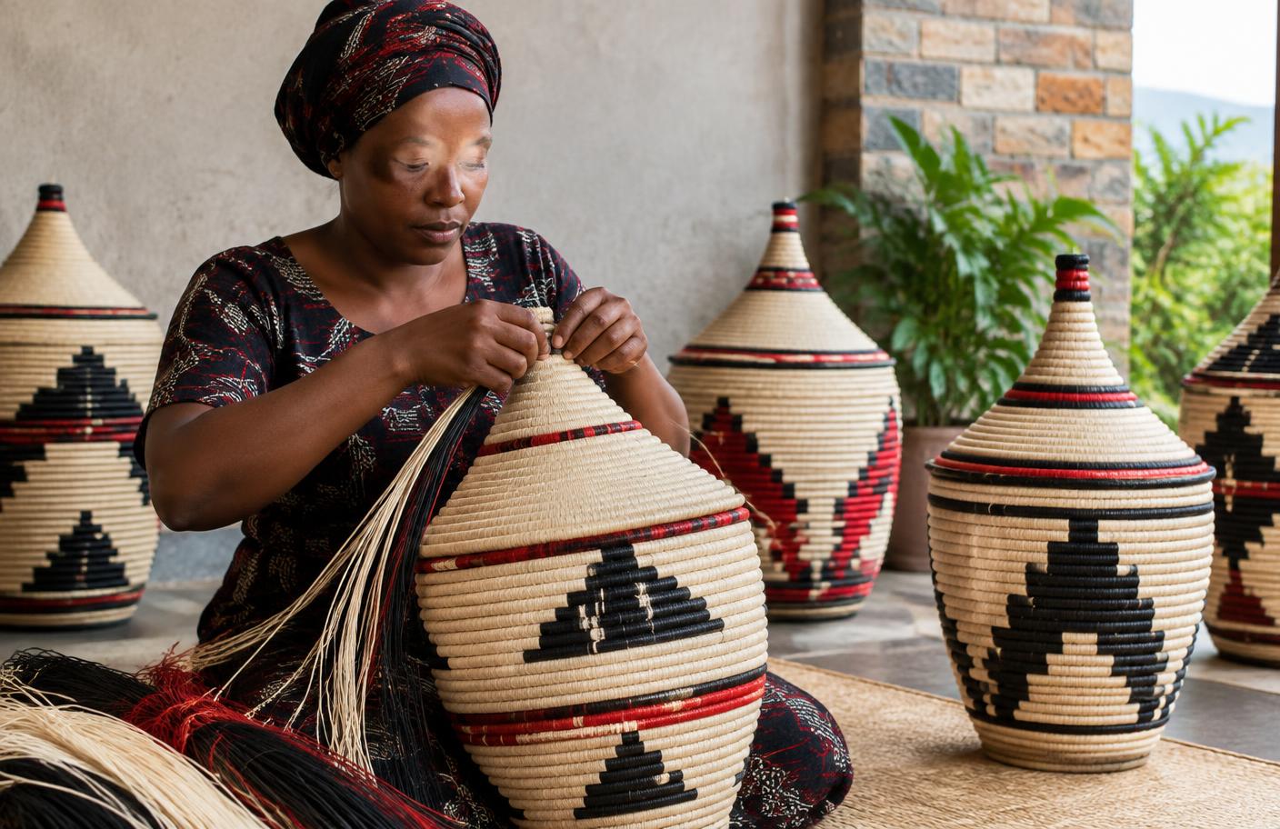 Woman weaving a lidded agaseke basket beside finished baskets