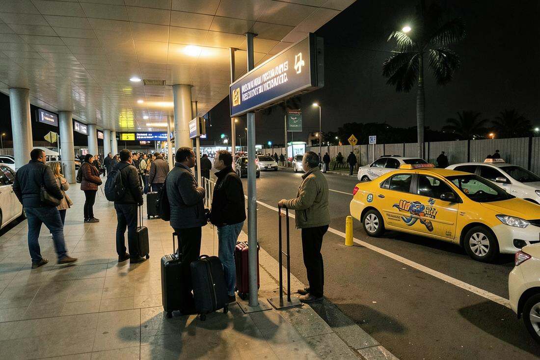 Travellers with suitcases waiting for taxis outside an airport terminal at night