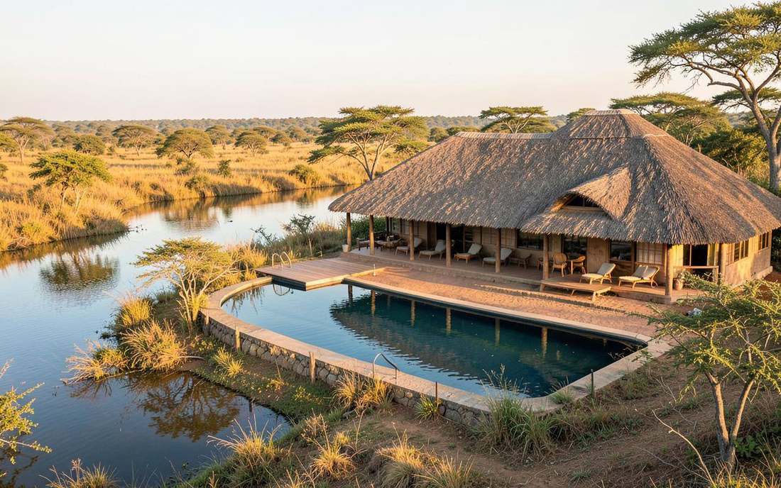 Illustrative safari hotel and pool setting