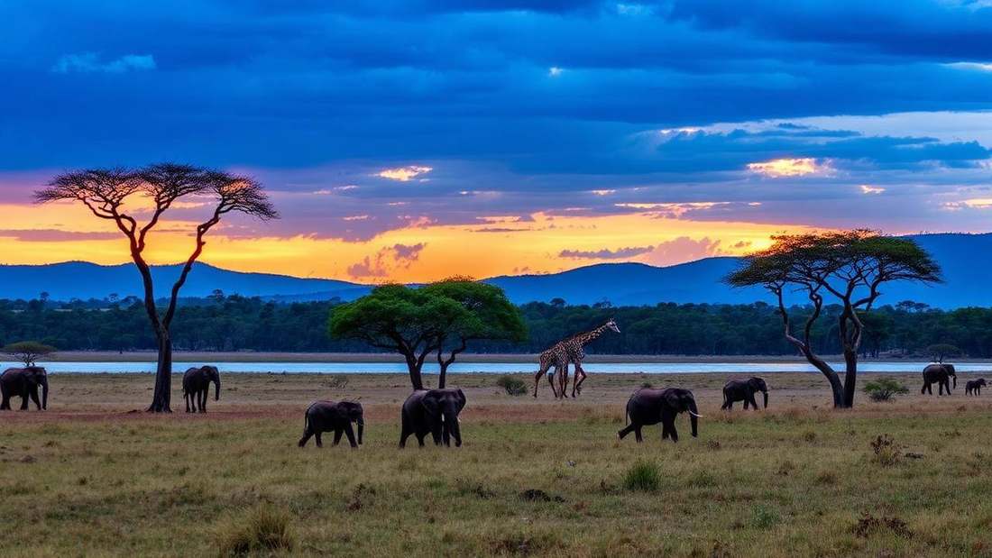 Elephants and acacia trees in Akagera National Park