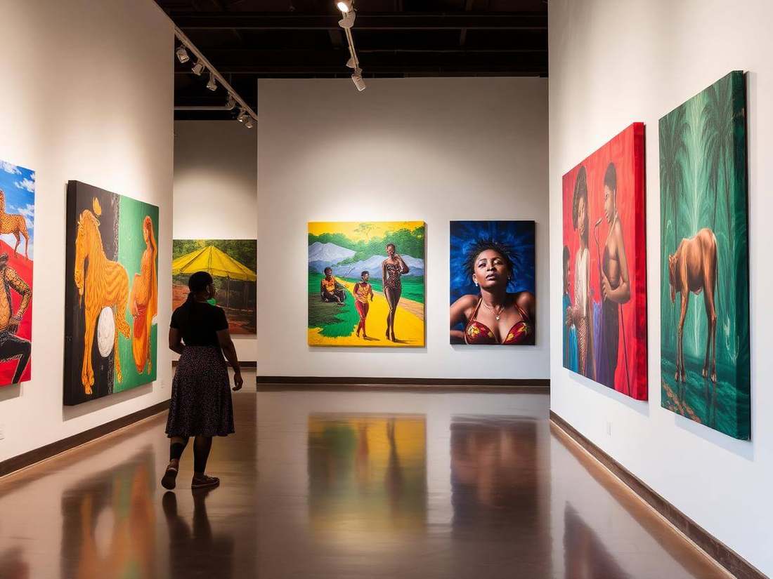 A visitor admiring large colourful canvases in a Kigali art gallery