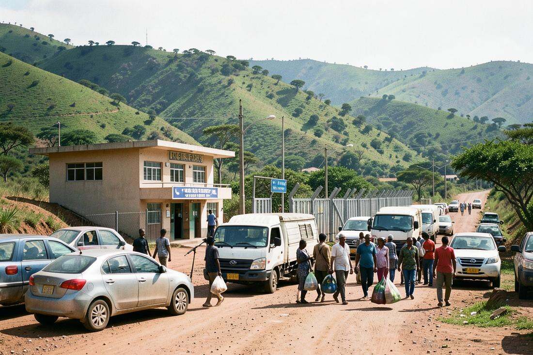 Cars, trucks and pedestrians queuing at an East African land border post