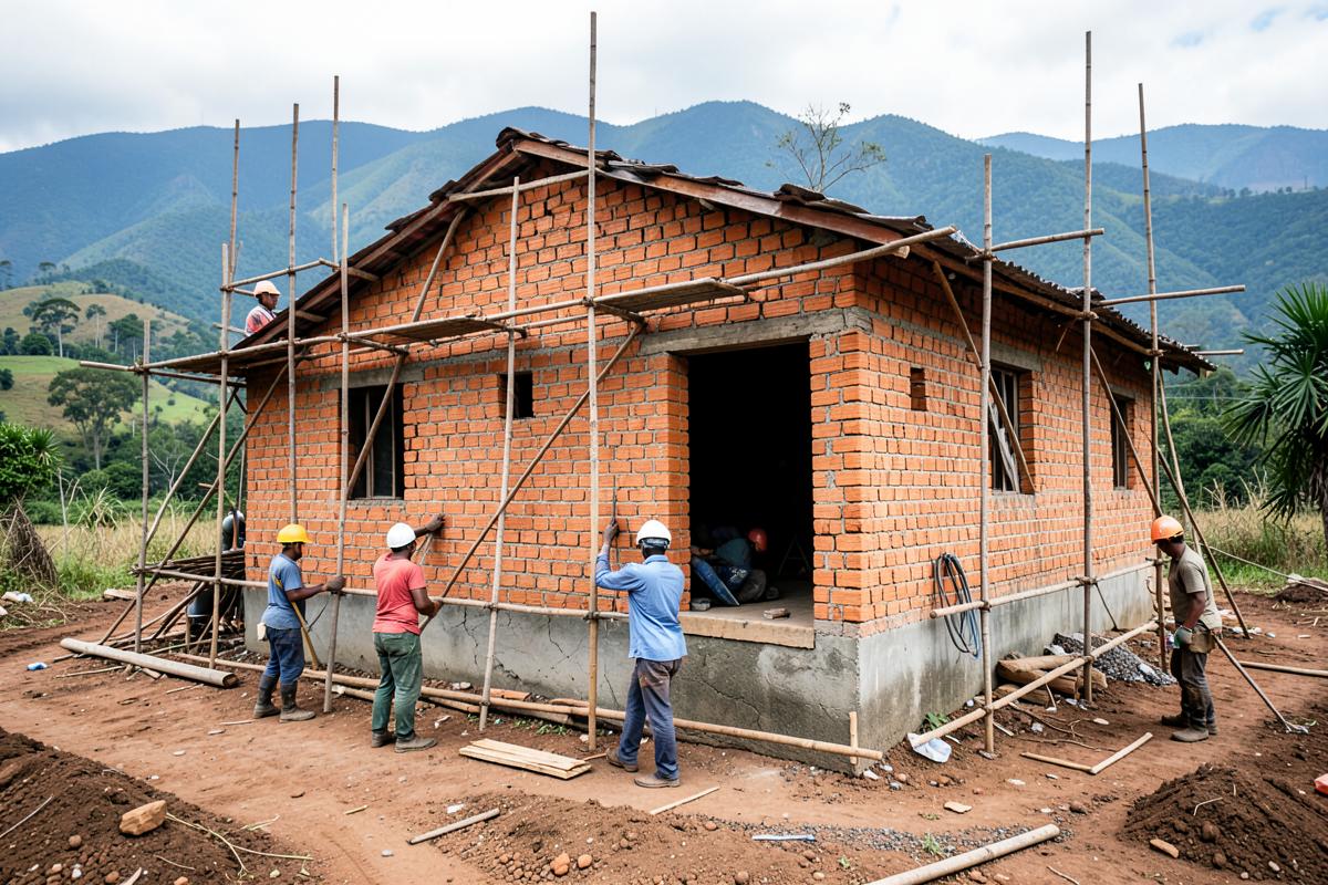 Builders working on a brick house with bamboo scaffolding in the Rwandan hills