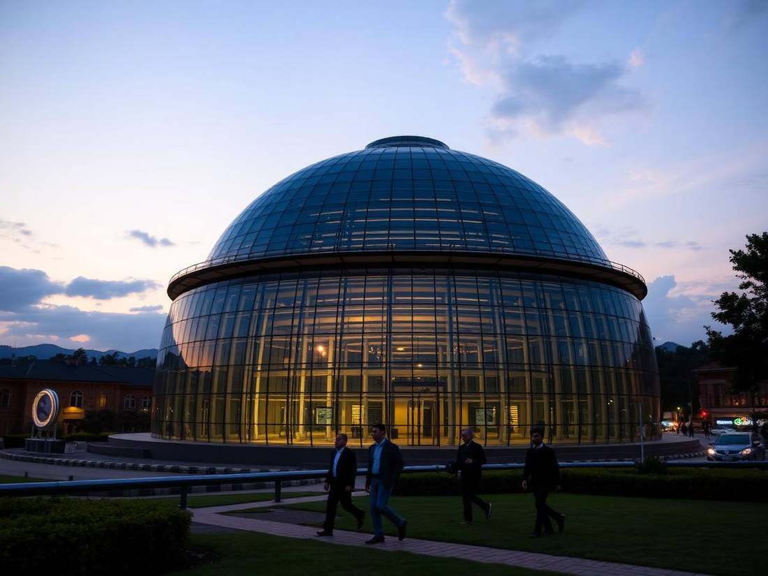 The dome of Kigali Convention Centre glowing at dusk