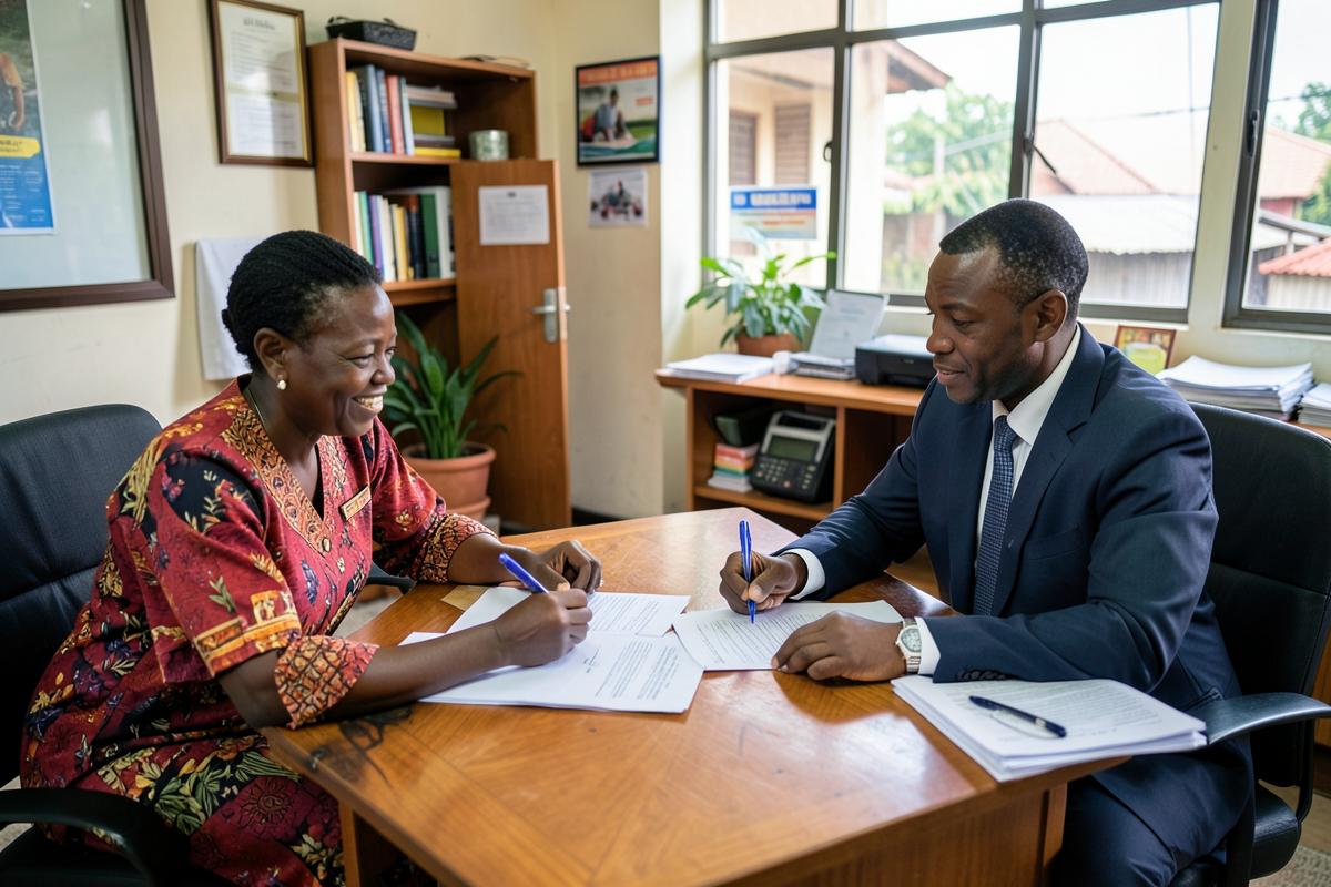 A buyer and an agent signing property papers across an office desk