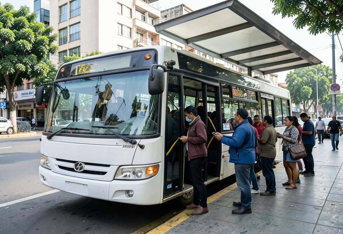 Commuters boarding a city bus at a shaded Kigali bus stop
