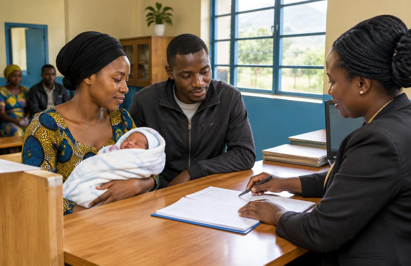 Parents registering a newborn with a civil registration officer