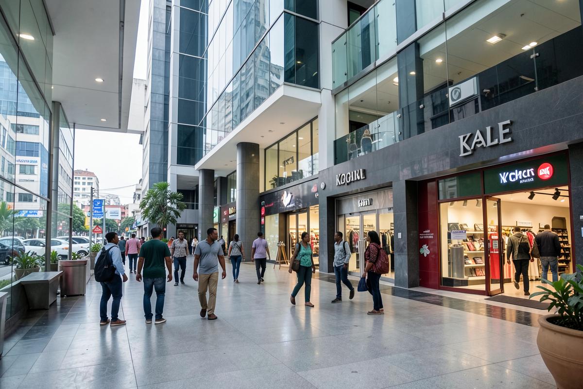 Shopfronts and office space in a modern building in central Kigali