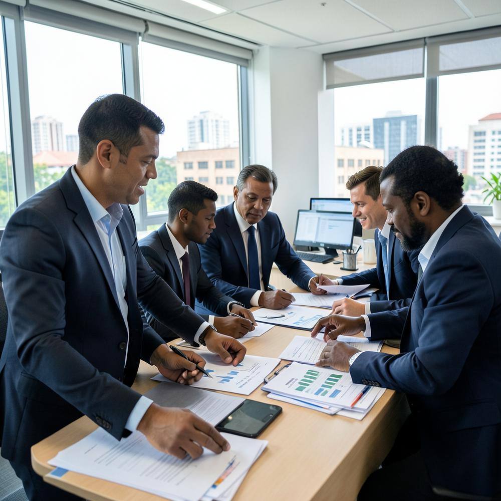 Finance team reviewing accounts in a Kigali office