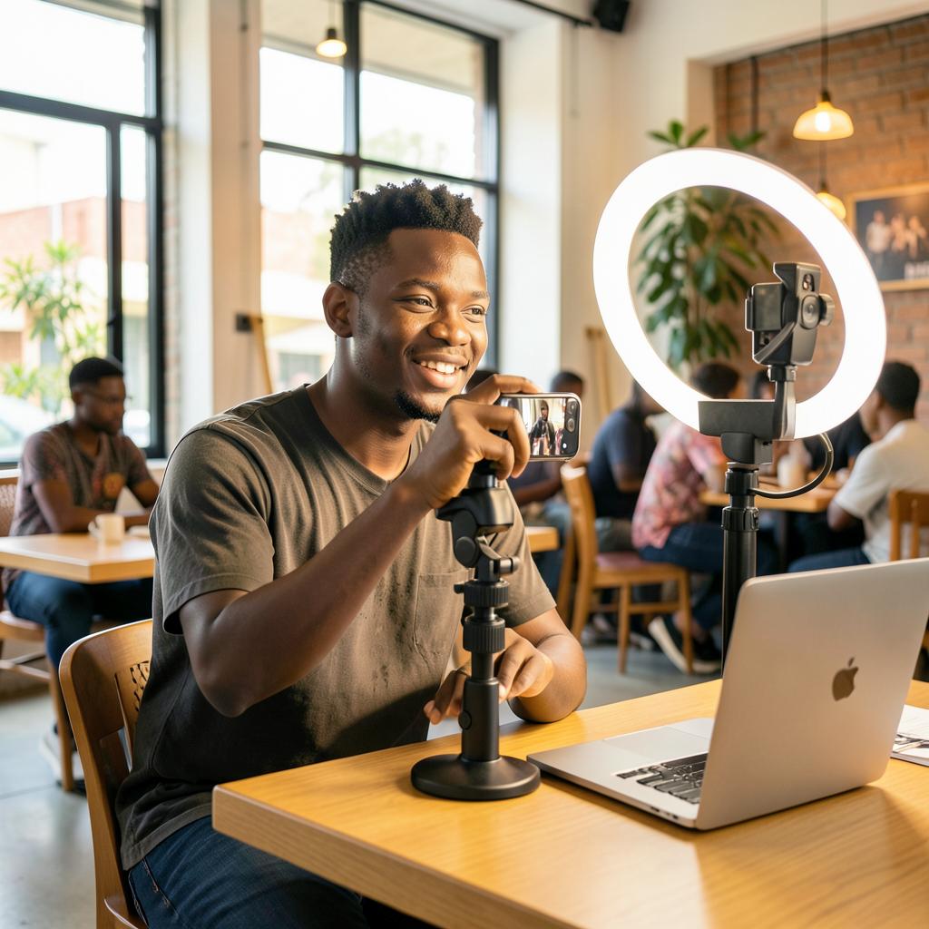 A content creator filming a story in Rwanda