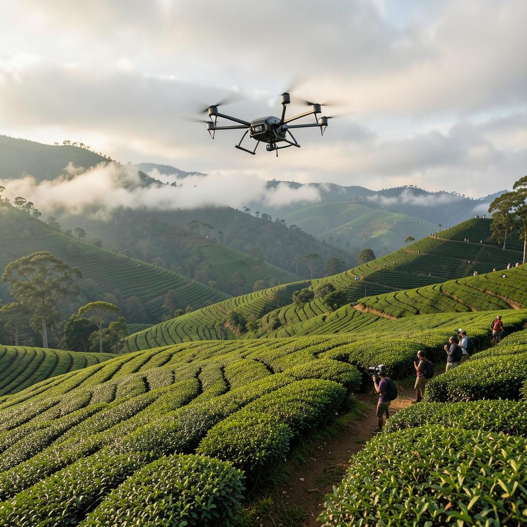 A drone hovering above Rwanda's green terraced tea fields