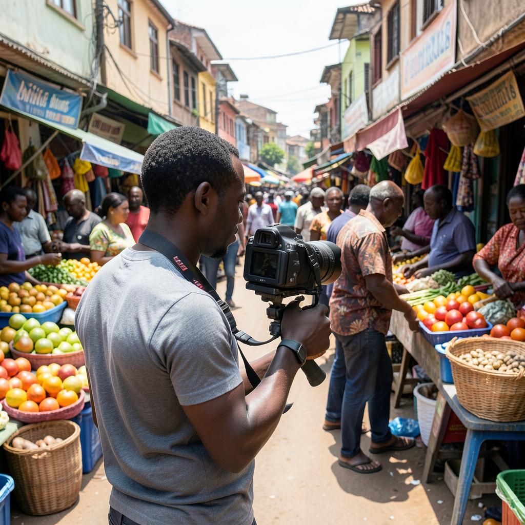 A creator filming inside a busy Rwandan market