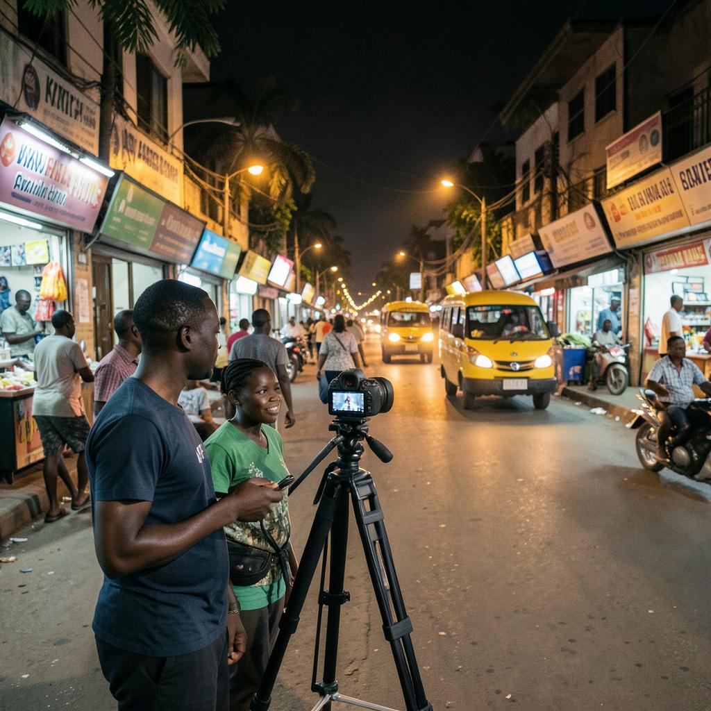 A small crew filming a night scene on a lively Kigali street