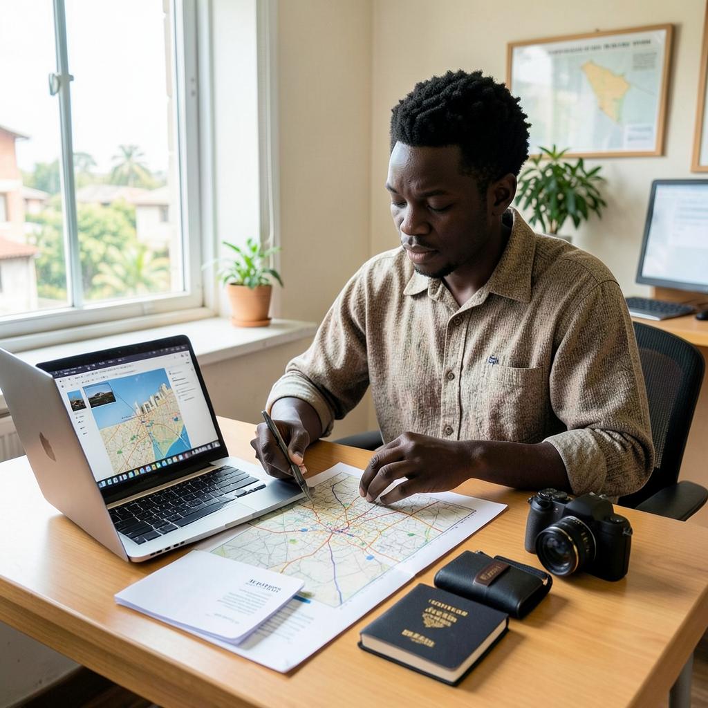 A creator planning a shoot with permits, a map and camera gear on a desk