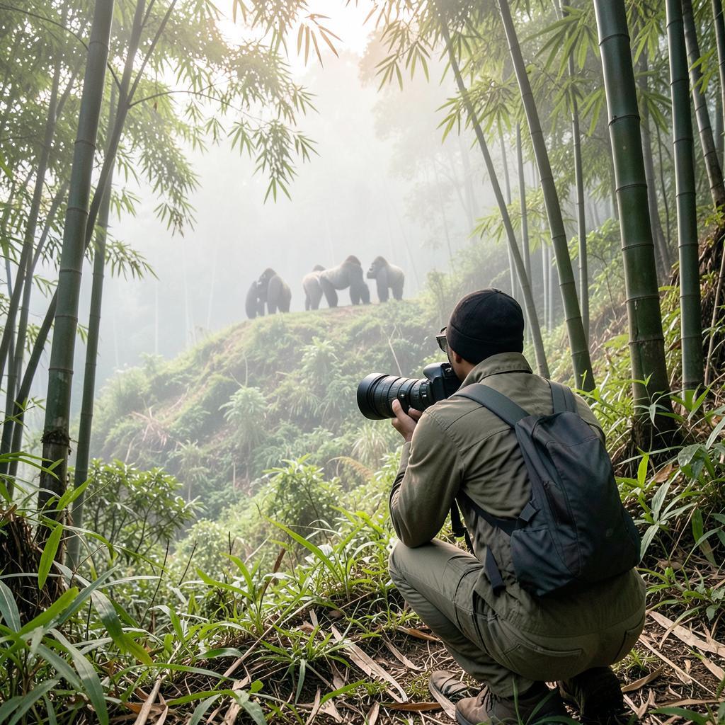 A photographer with a long lens photographing gorillas on a misty slope