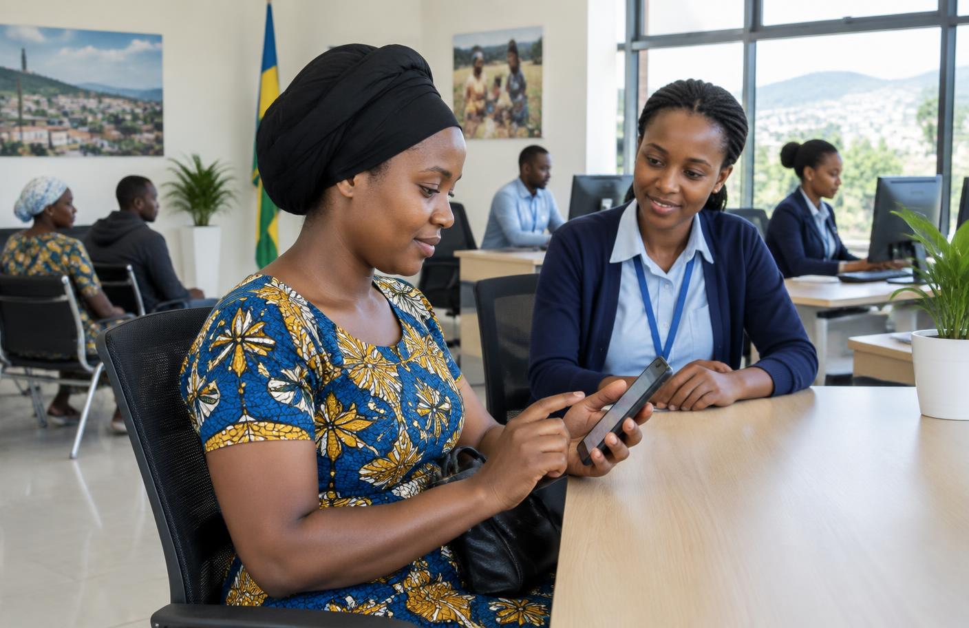 A resident using a phone with help from a digital public service adviser