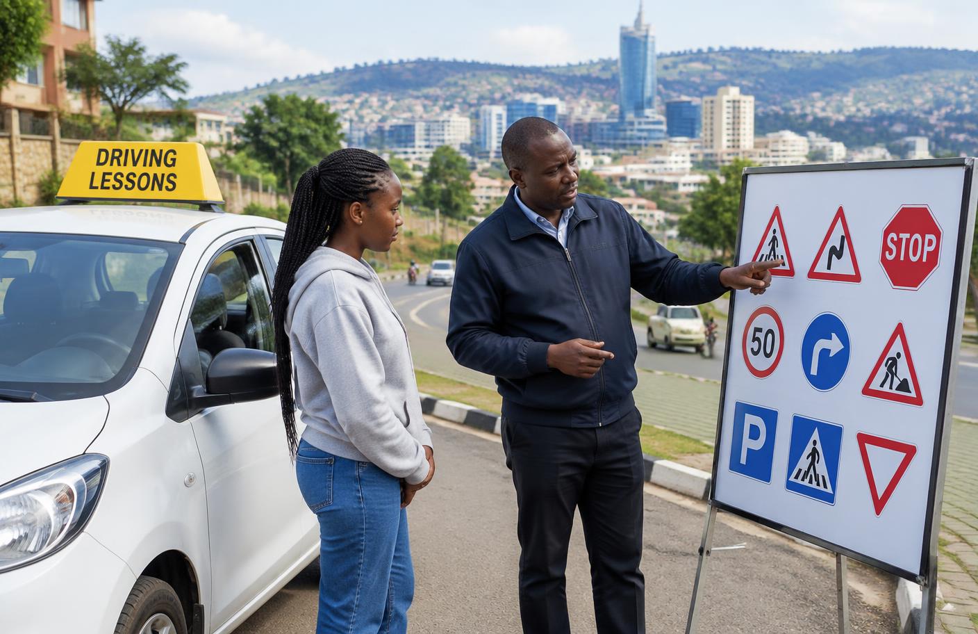 A driving instructor explaining road signs to a learner in Kigali