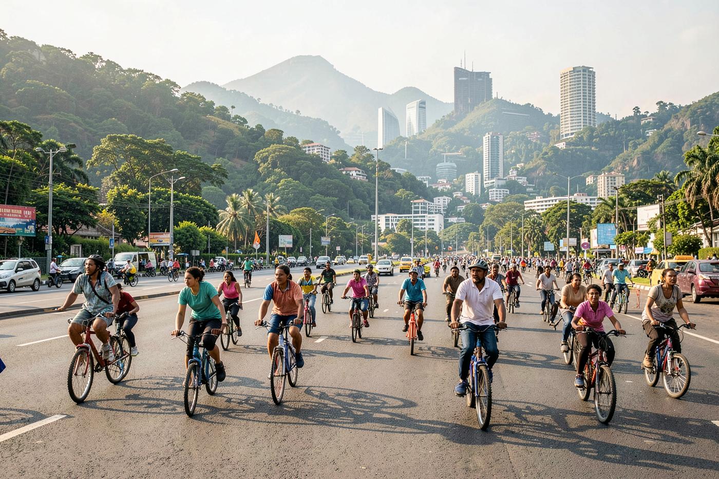 Cyclists and runners enjoying a car-free boulevard in Kigali