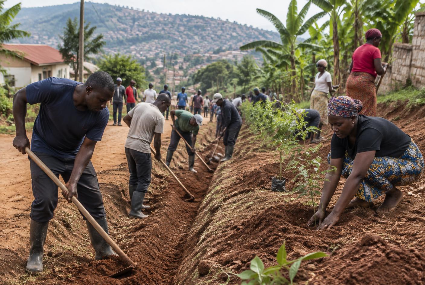 Neighbours digging drains and planting trees together during Umuganda morning