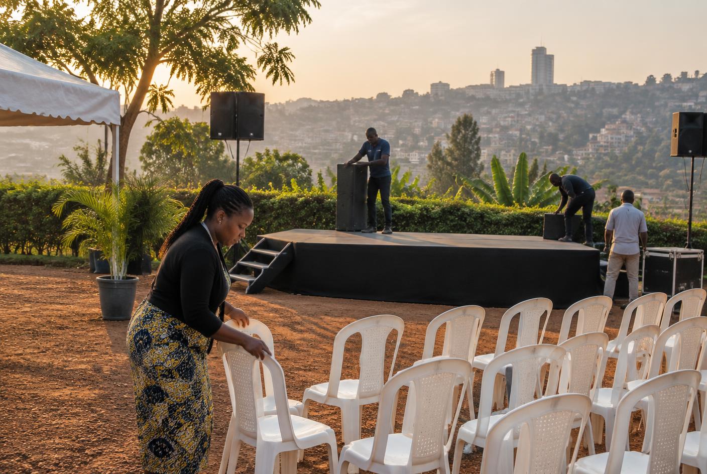 Crew setting out chairs and a stage for a Kigali event in the early morning