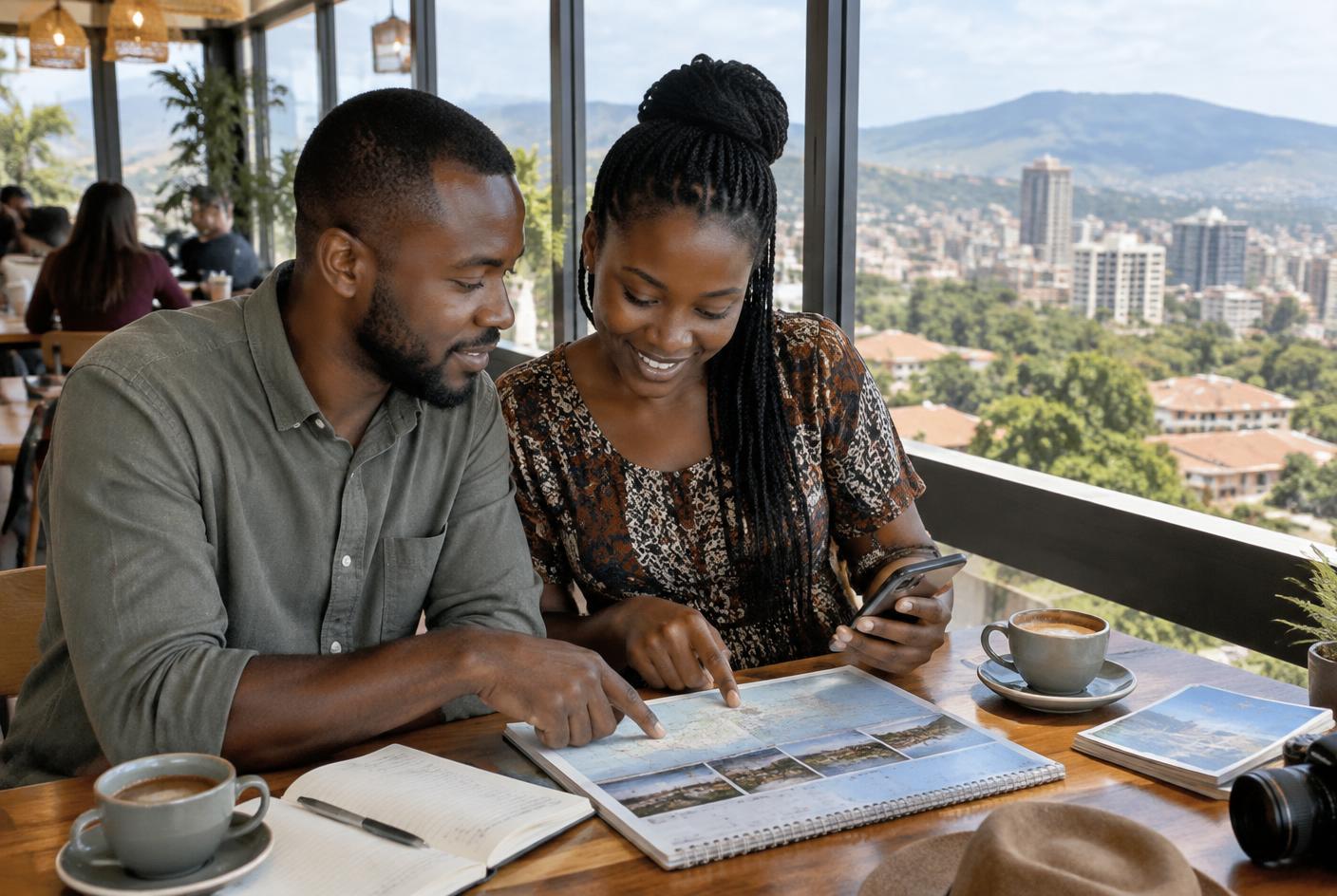 A couple planning upcoming Rwandan events in a Kigali cafe with hills behind them