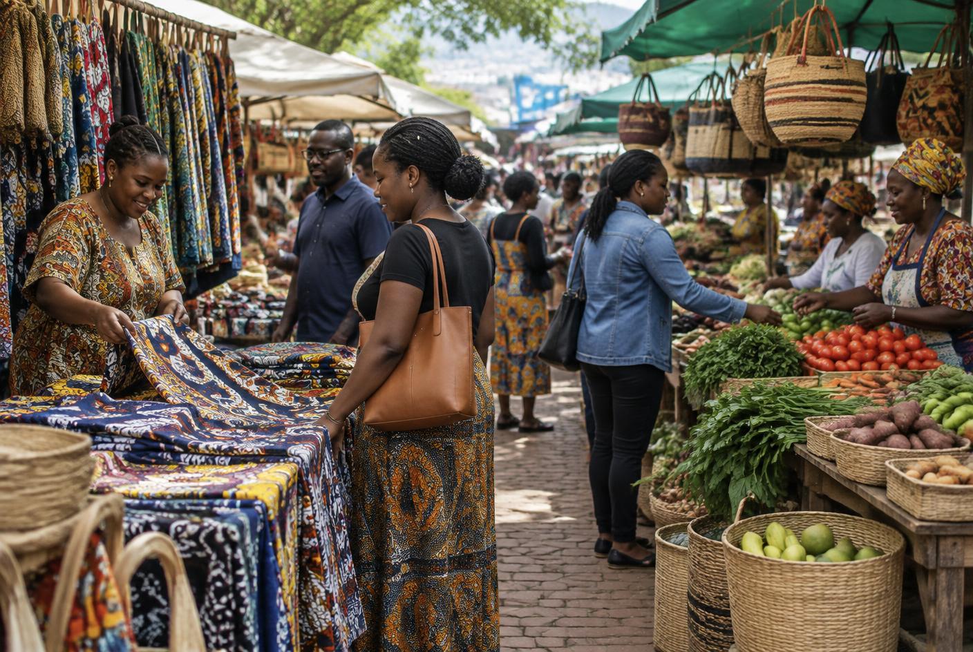 Shoppers browsing fabric and produce stalls at a Kigali weekend market