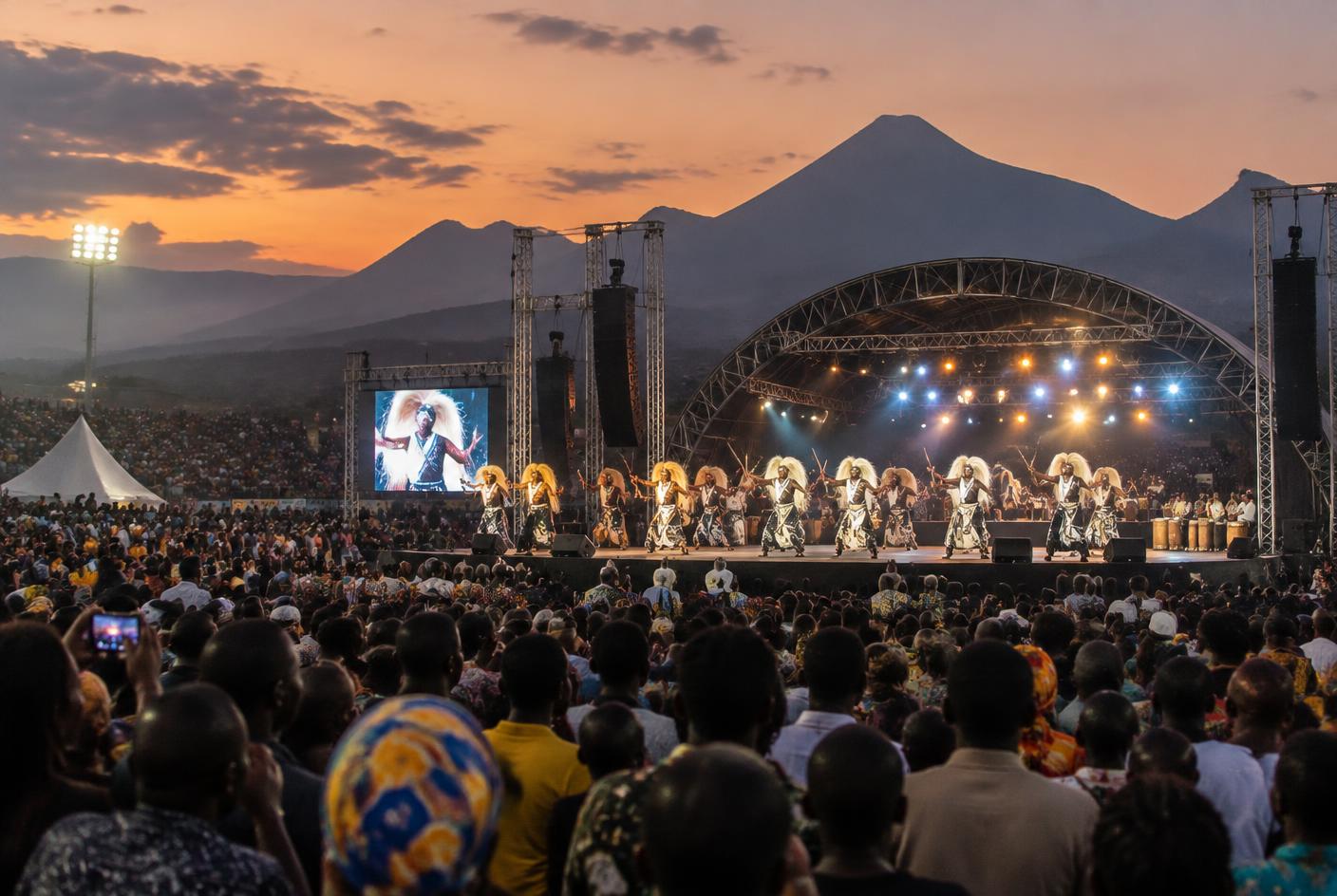 A huge annual festival crowd watching intore dancers on stage beneath Rwanda's volcanoes