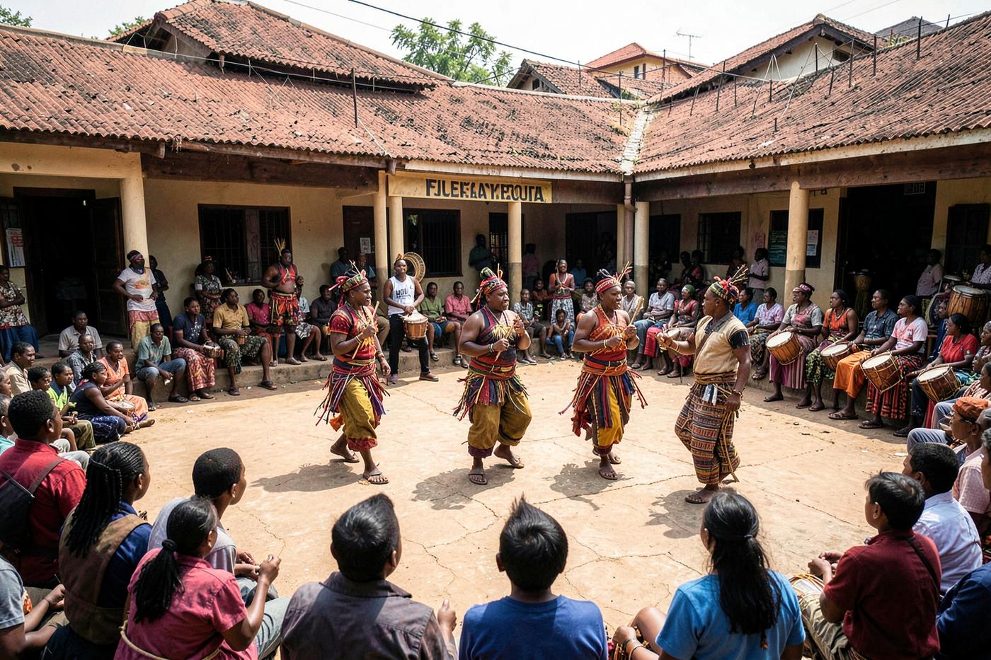 Traditional Rwandan dancers and drummers performing at a cultural centre courtyard