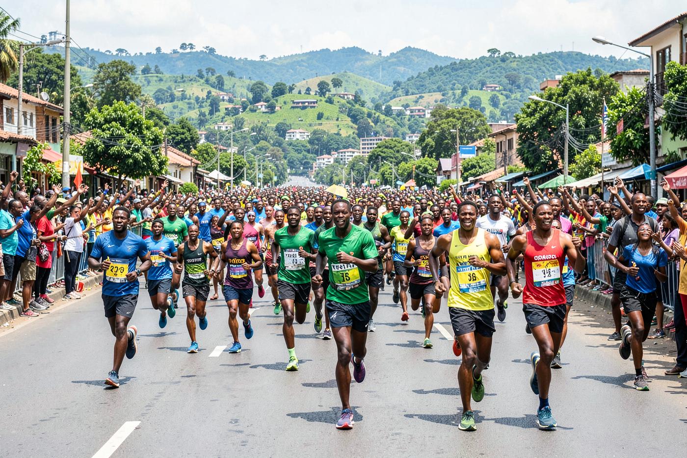 Runners taking part in a road marathon in hilly Kigali