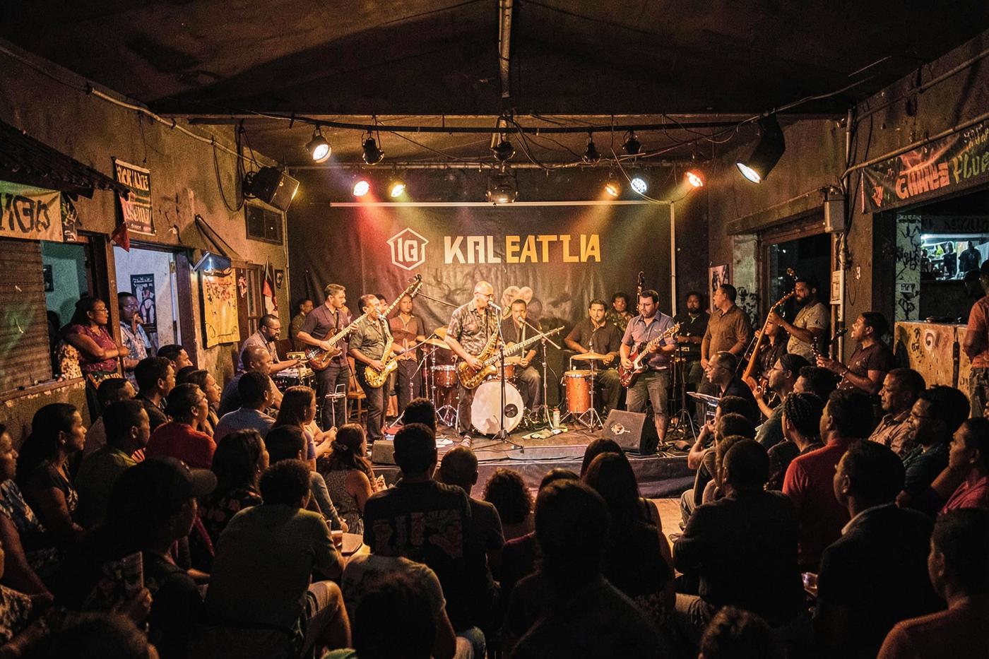 A live band playing to a close audience at a Kigali music venue at night