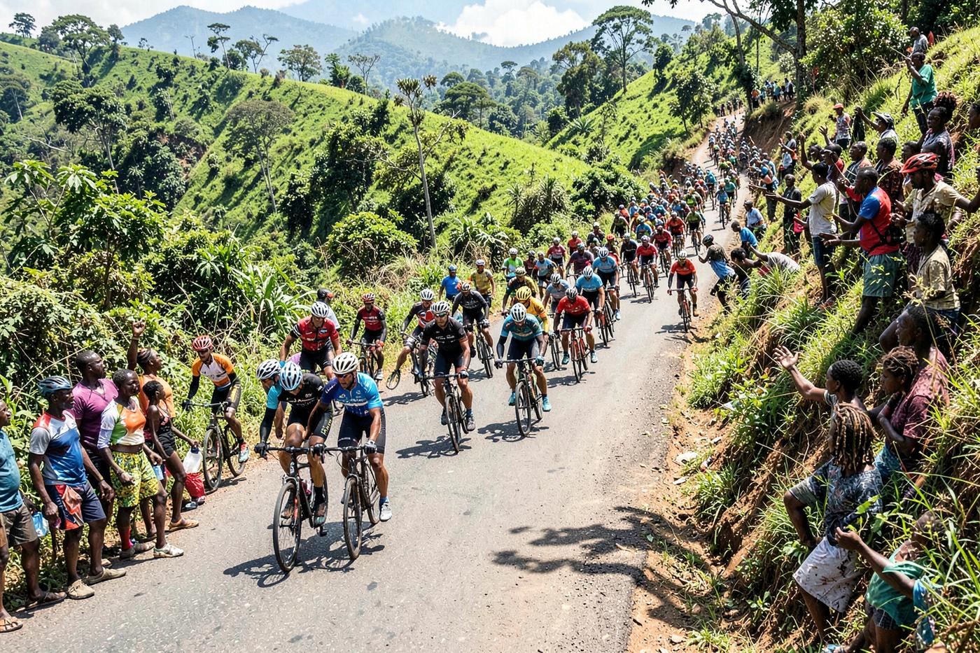 Tour du Rwanda cyclists climbing a green hillside road through cheering crowds