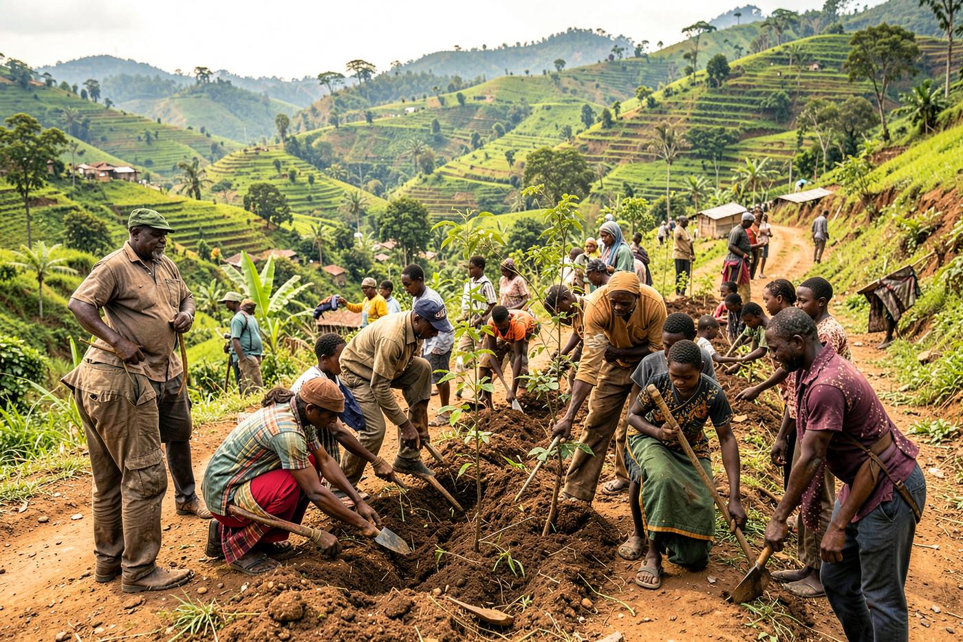 A Rwandan community planting trees together during Umuganda