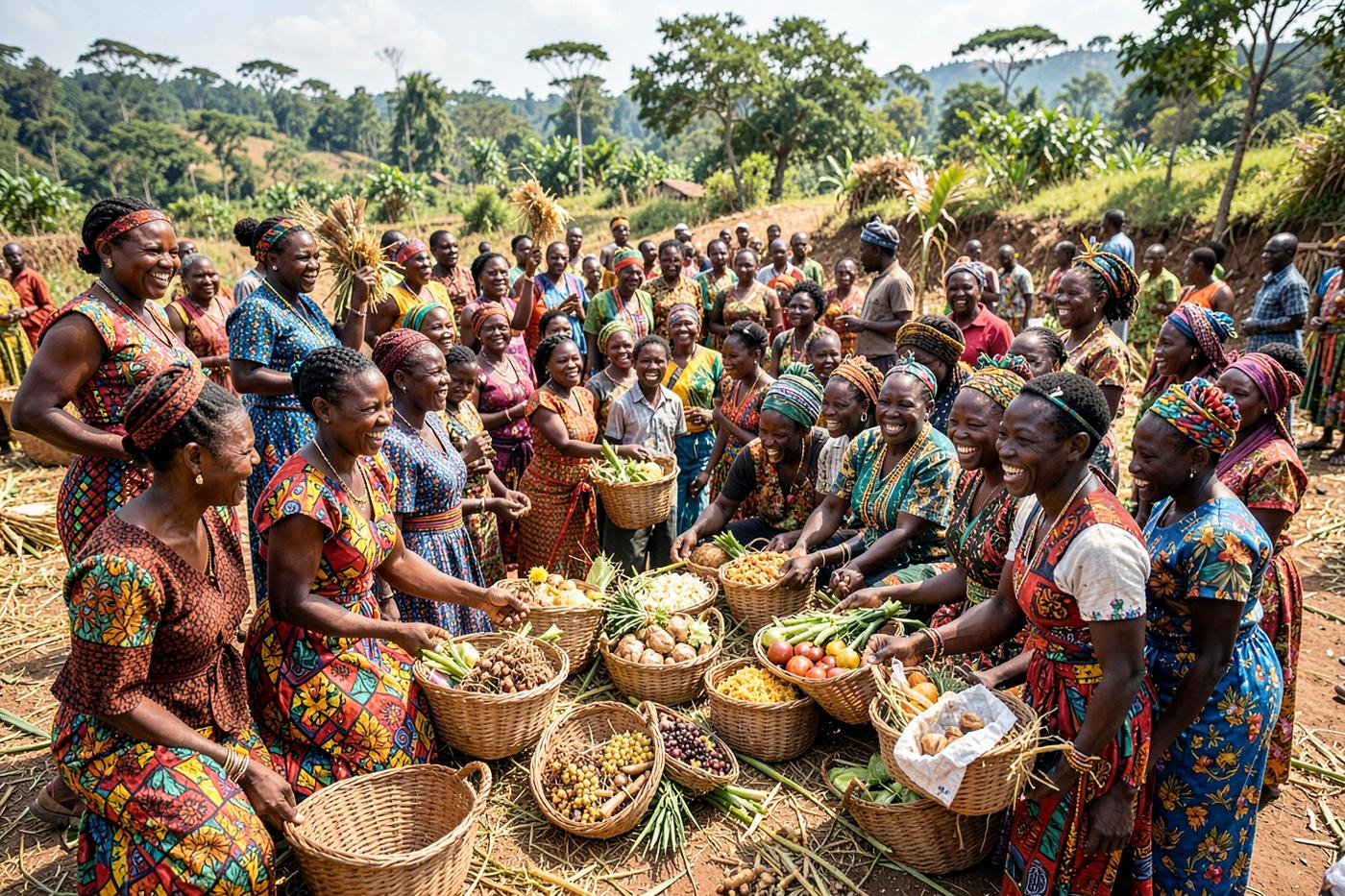 A Rwandan community sharing harvest produce during Umuganura