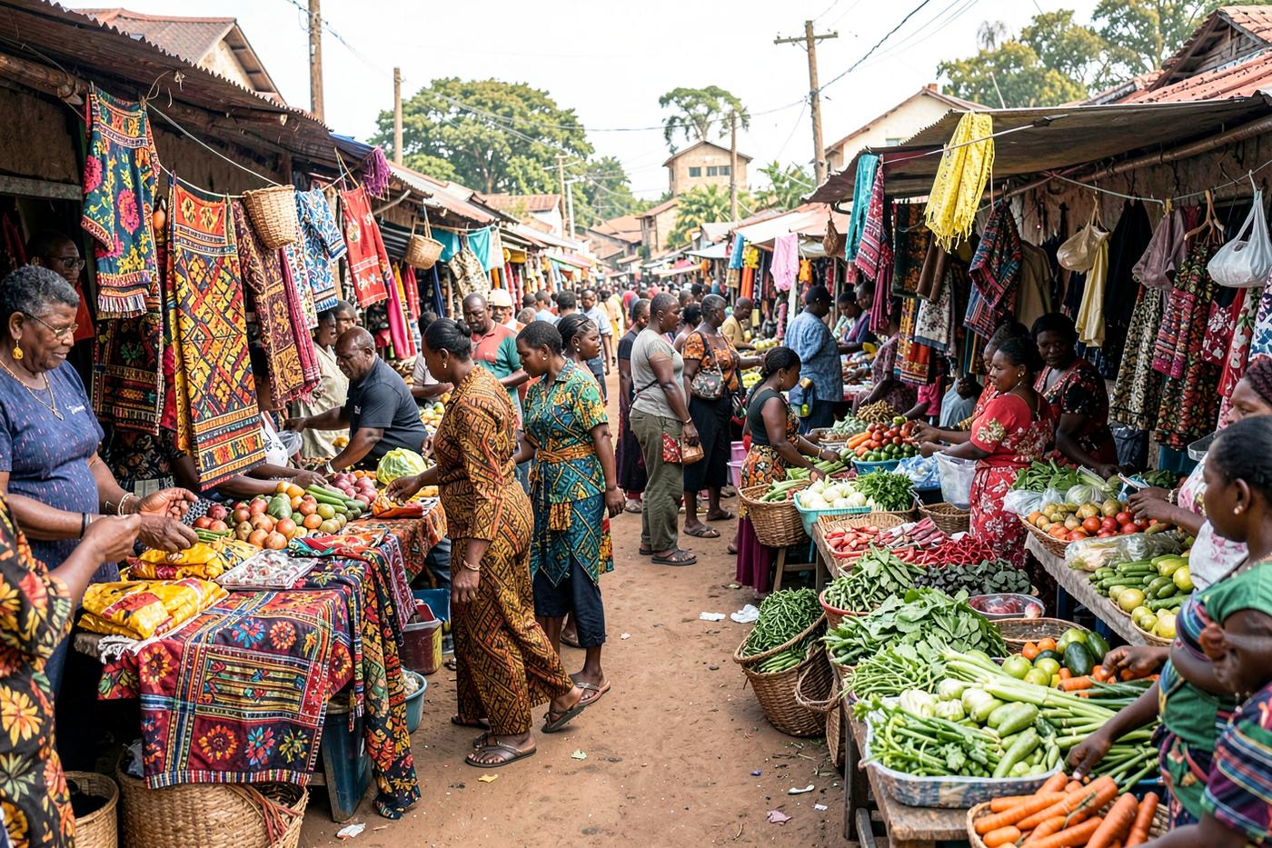 Shoppers browsing fabric, craft and produce stalls at a Kigali weekend market