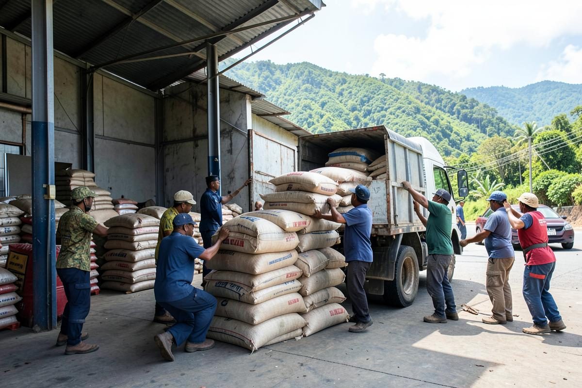 Workers loading sacks of produce onto a truck at a Rwandan warehouse