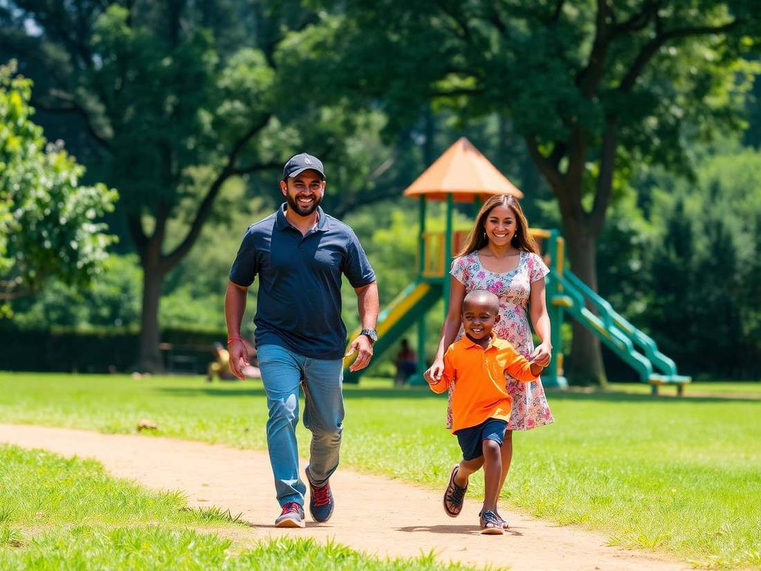 A family walking together through a leafy green park in Kigali