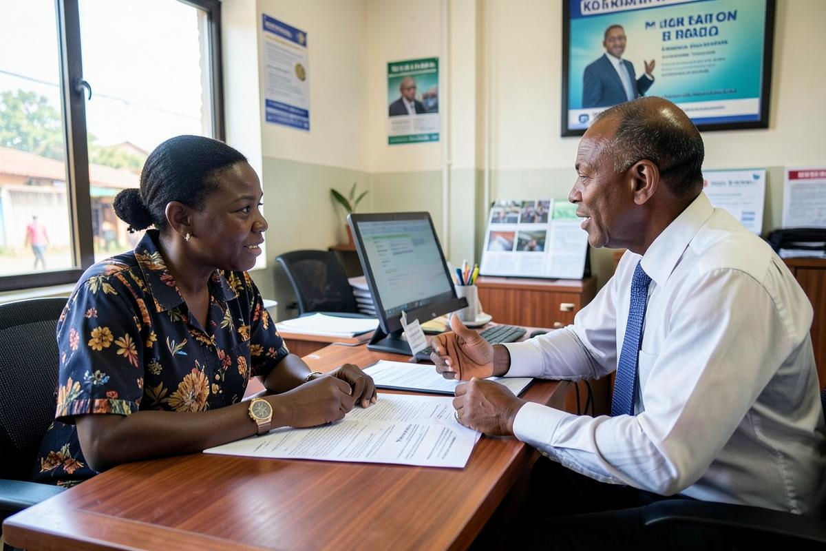 A customer discussing a home loan with a bank officer at a branch desk