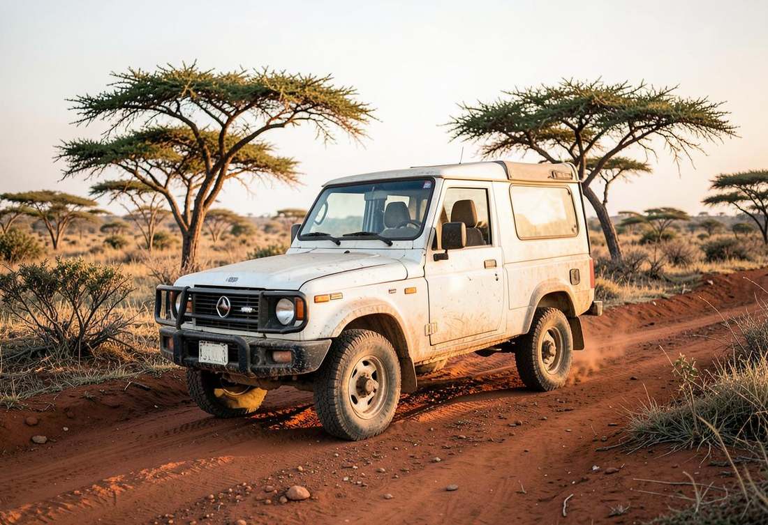A dusty 4x4 vehicle on a red-earth track in a savannah national park