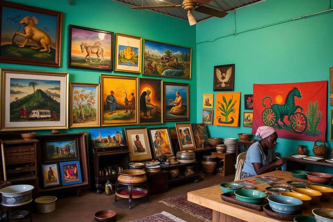 An artist at work in a Kigali studio surrounded by canvases