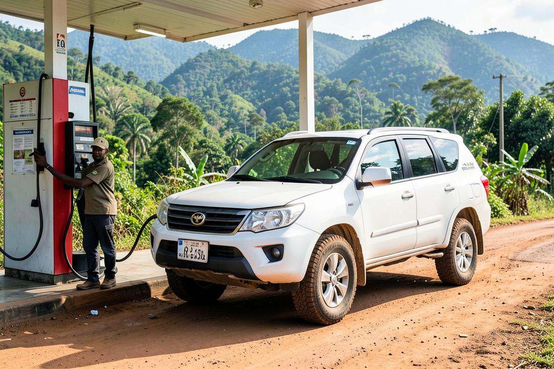 A white hire 4x4 refuelling at a roadside station in the Rwandan hills