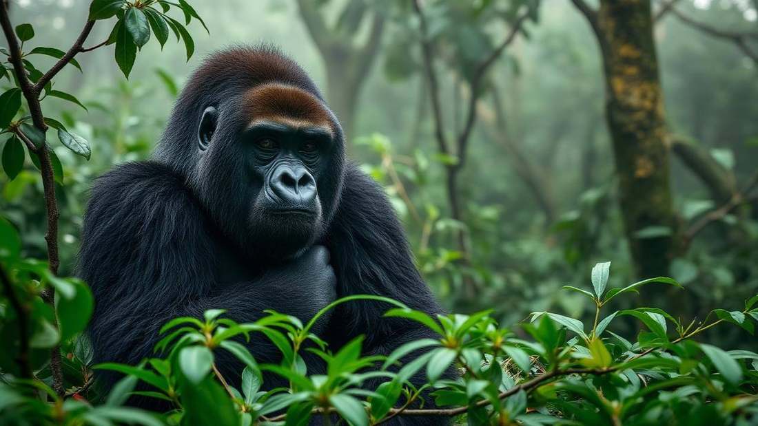 Mountain gorilla in the misty rainforest of Volcanoes National Park
