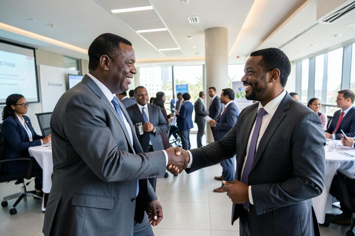 Rwandan business owners shaking hands at a Kigali business event
