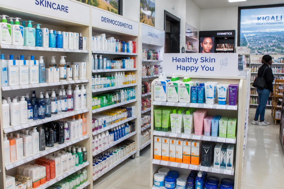 Pharmacy shelves stocked with skincare products
