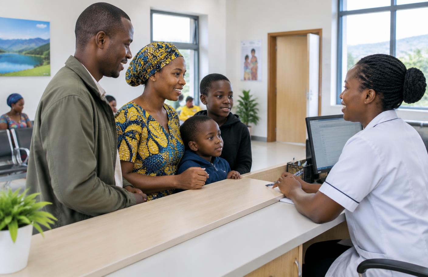 A family speaking with a health worker at a community health centre
