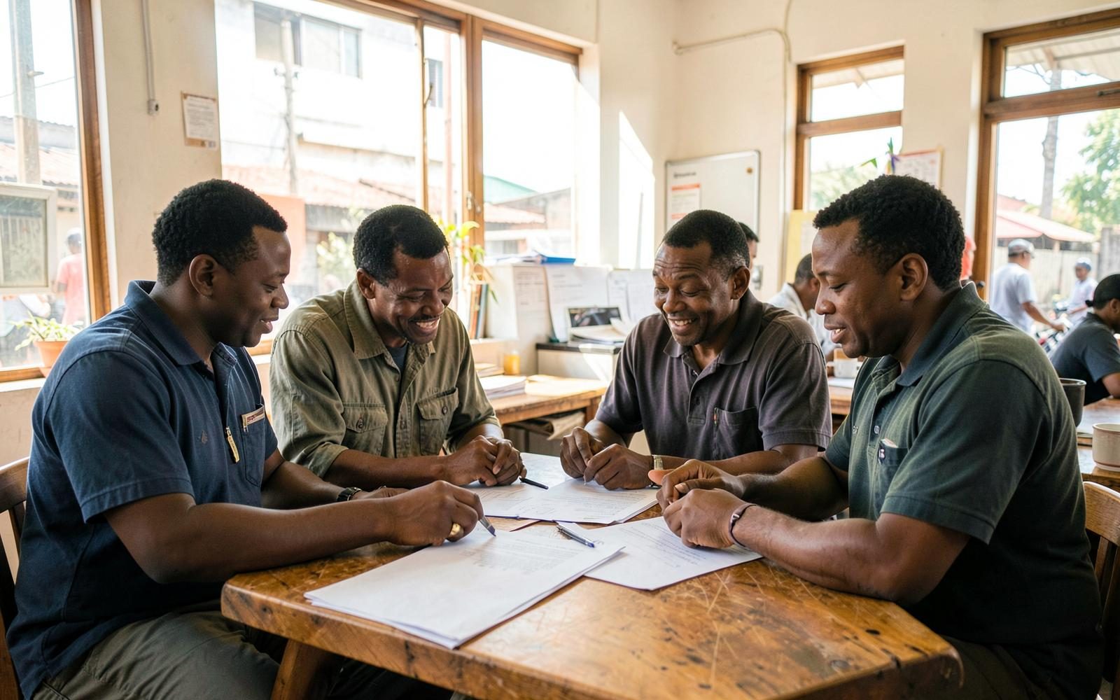 Rwandan business owners reviewing plans together in Kigali