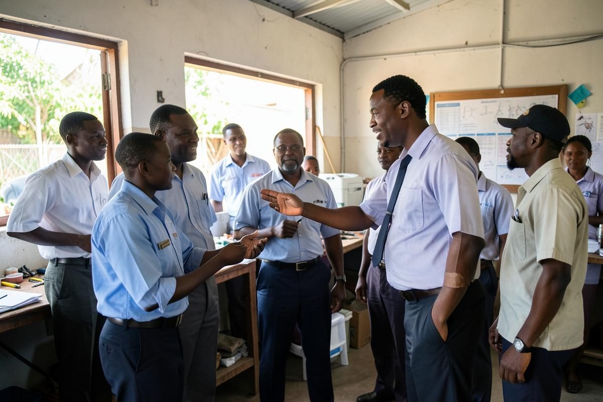 A Rwandan manager briefing staff in a workshop