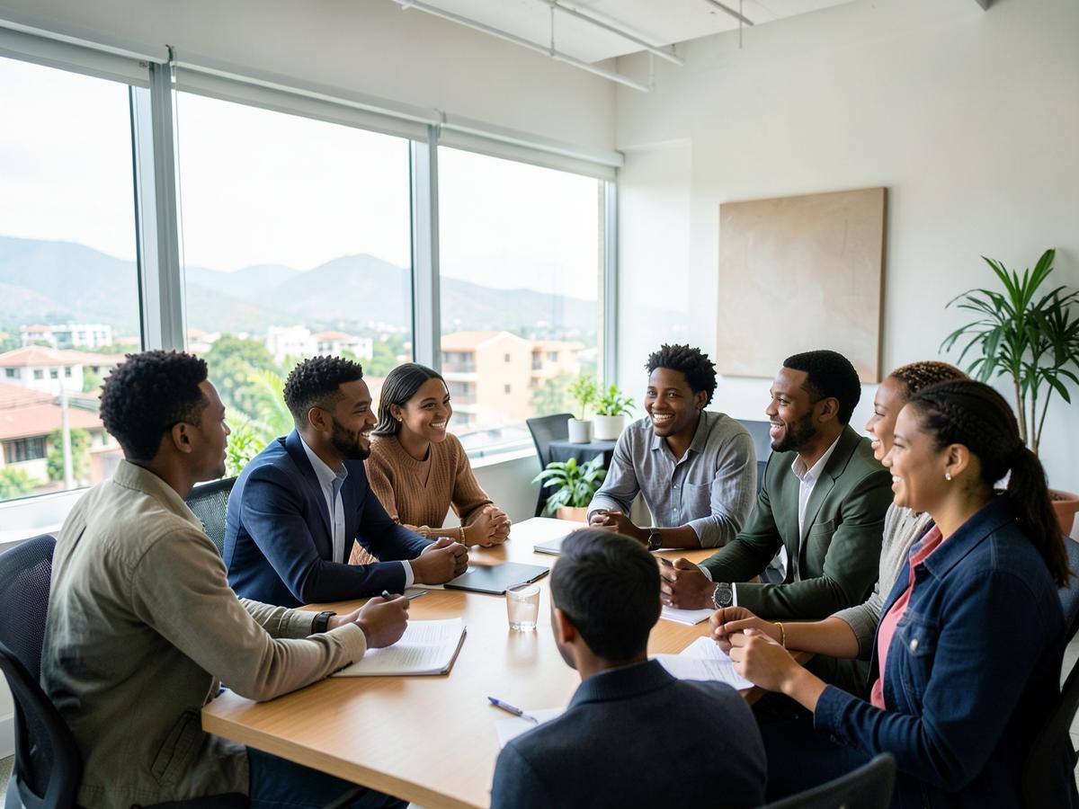 A Rwandan team collaborating in a bright Kigali workplace